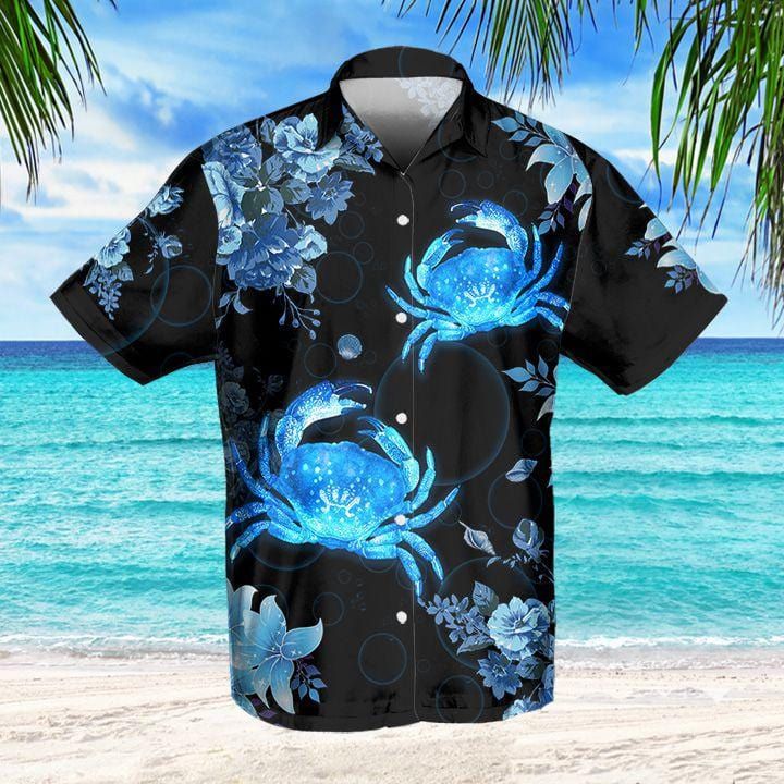 Felacia [Hawaii Shirt] Blue Crab Tropical Black Unisex Hawaiian Aloha Shirts-ZX1814